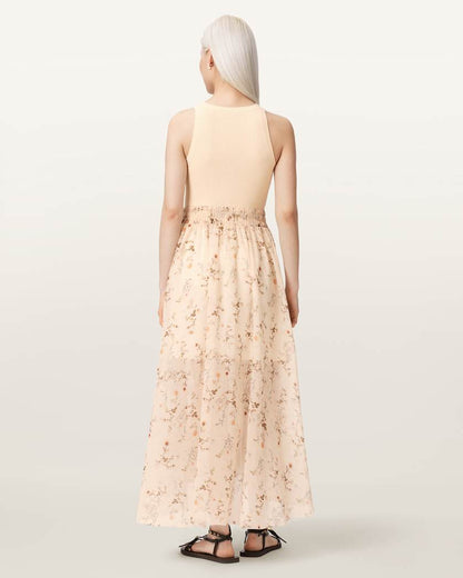 AllSaints Zenia Sleeveless Knit Woven Midi Dress Women's Carmel Off White Women's