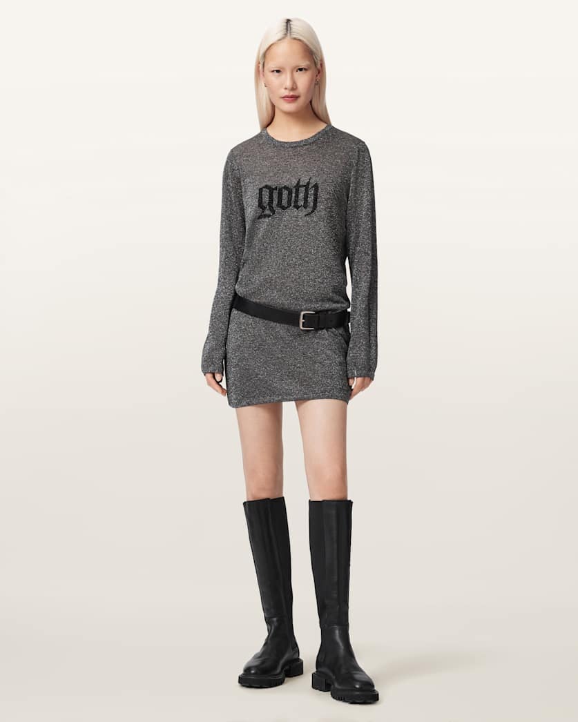 AllSaints Deetz Metallic Long Sleeve Mini Dress Women's Foggy Silver Women's