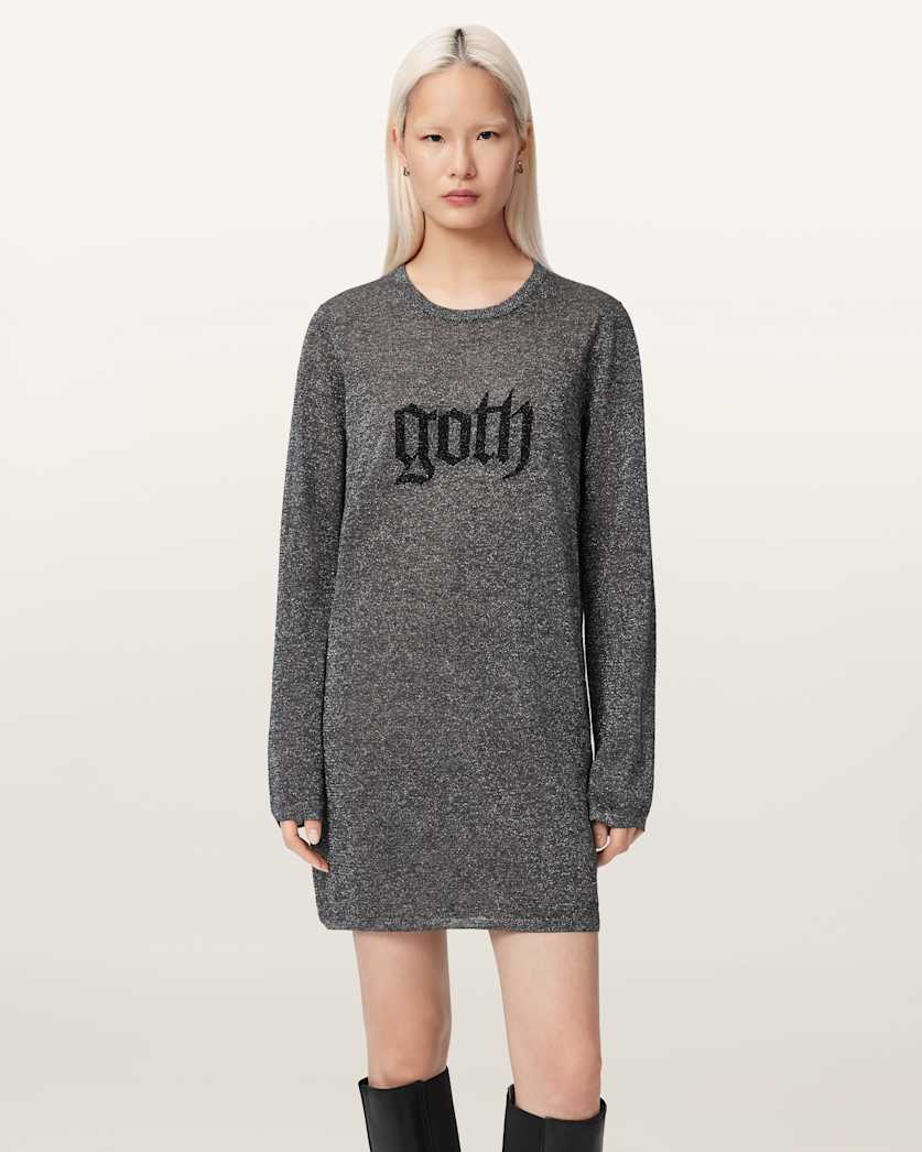 AllSaints Deetz Metallic Long Sleeve Mini Dress Women's Foggy Silver Women's