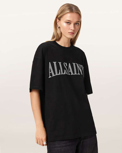 AllSaints Dash Etta Oversized Embroidered T Shirt Women's Washed Black Women's