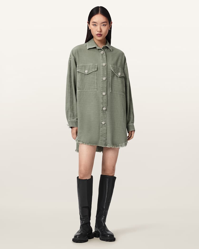 AllSaints Hettie Oversized Long Sleeve Shacket Dress Women's Vintage Khaki Women's