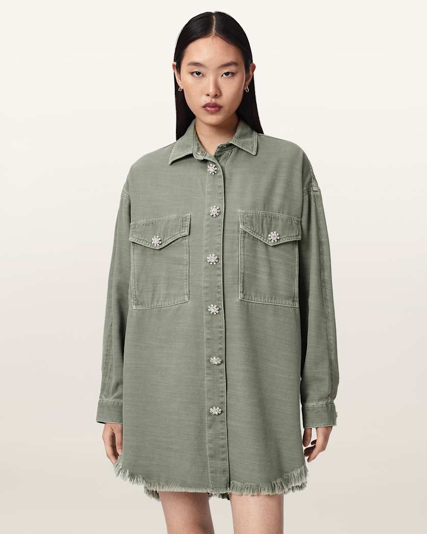 AllSaints Hettie Oversized Long Sleeve Shacket Dress Women's Vintage Khaki Women's