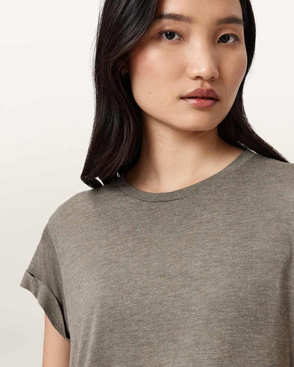 AllSaints Anna Short Sleeve Shimmer T Shirt Women's Khaki Green Women's