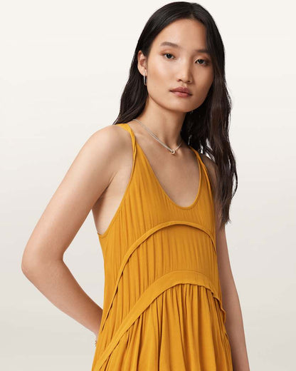 AllSaints Cavarly Tiered Ruffle Maxi Dress Women's Ochre Yellow Women's