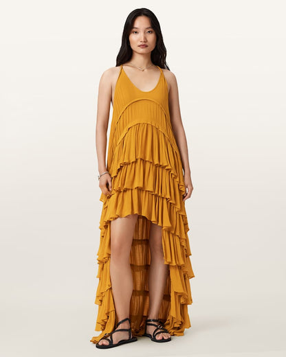 AllSaints Cavarly Tiered Ruffle Maxi Dress Women's Ochre Yellow Women's