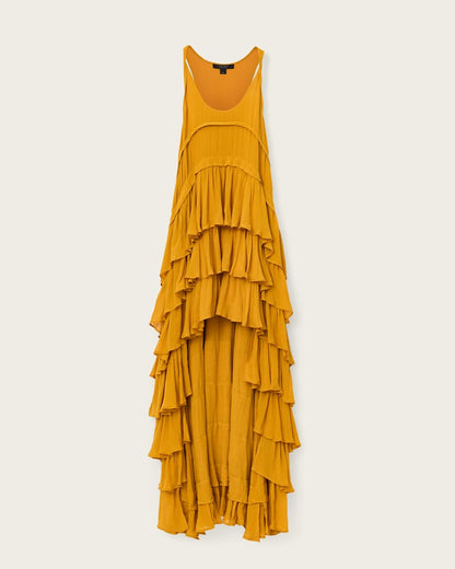 AllSaints Cavarly Tiered Ruffle Maxi Dress Women's Ochre Yellow Women's