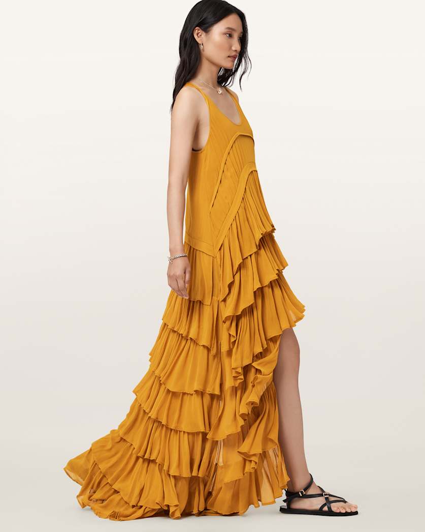 AllSaints Cavarly Tiered Ruffle Maxi Dress Women's Ochre Yellow Women's