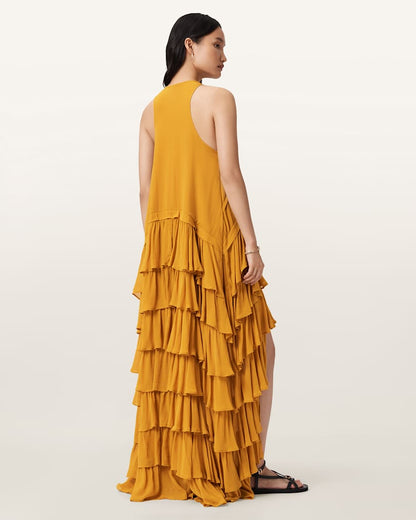 AllSaints Cavarly Tiered Ruffle Maxi Dress Women's Ochre Yellow Women's