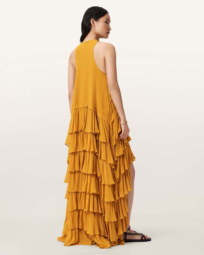 AllSaints Cavarly Tiered Ruffle Maxi Dress Women's Ochre Yellow Women's