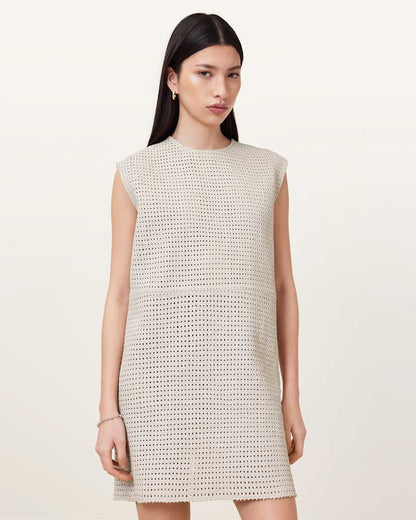 AllSaints Nessa Woven Leather Mini Dress Women's Off White Women's