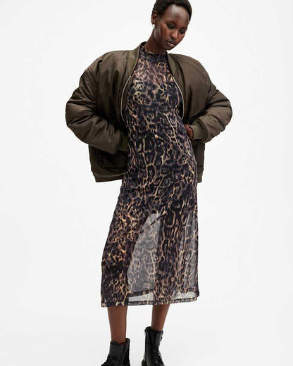 AllSaints Hanna Mesh Animal Print Midi Dress Women's Jinx Golden Brown Women's