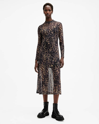 AllSaints Hanna Mesh Animal Print Midi Dress Women's Jinx Golden Brown Women's