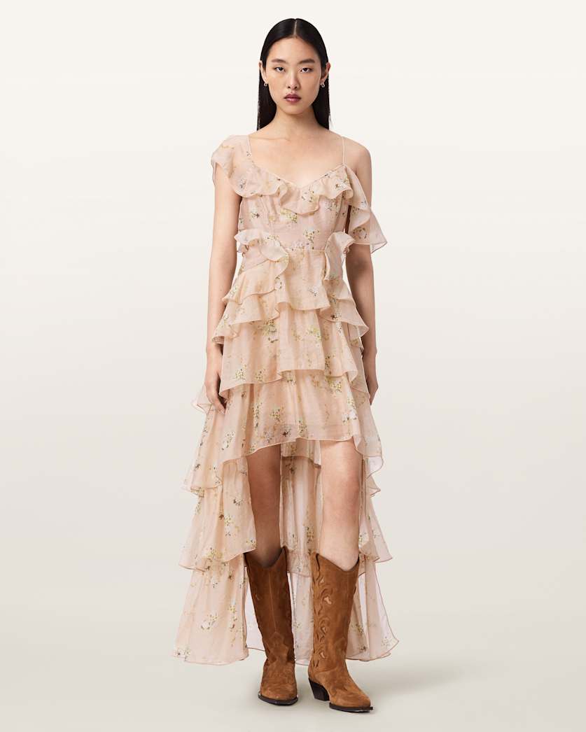 AllSaints Sienna Ruffle Maxi Dress Women's Empoli Pop Pink Women's
