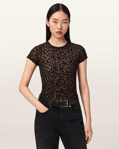 AllSaints Ellie Mesh Leopard Print T Shirt Women's Brown Flock Women's