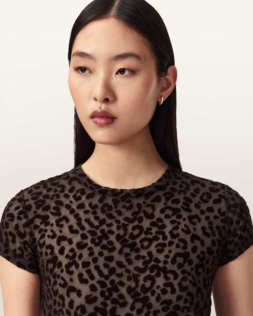 AllSaints Ellie Mesh Leopard Print T Shirt Women's Brown Flock Women's