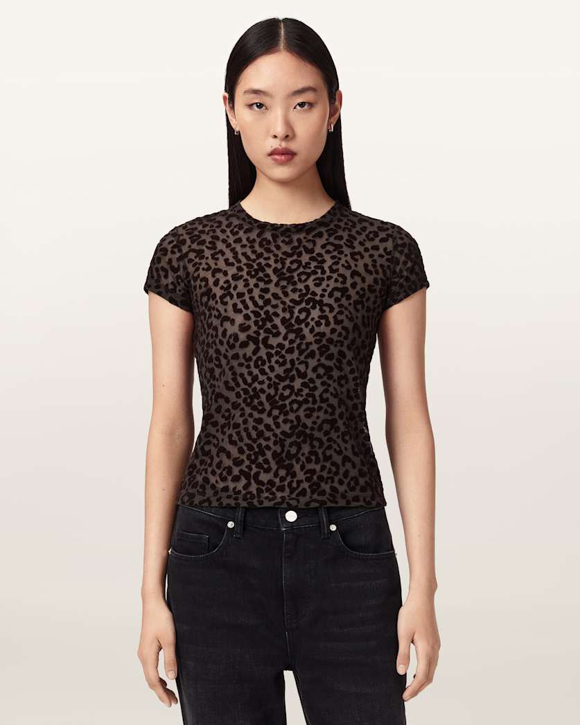 AllSaints Ellie Mesh Leopard Print T Shirt Women's Brown Flock Women's