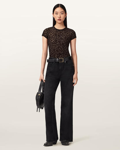 AllSaints Ellie Mesh Leopard Print T Shirt Women's Brown Flock Women's