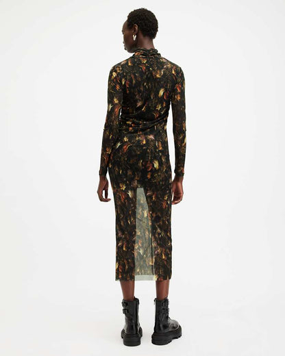 AllSaints Tia Mesh Printed Midi Dress Women's Kateri Hazel Brown Women's