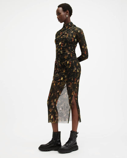 AllSaints Tia Mesh Printed Midi Dress Women's Kateri Hazel Brown Women's