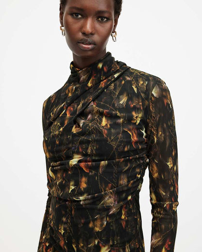 AllSaints Tia Mesh Printed Midi Dress Women's Kateri Hazel Brown Women's