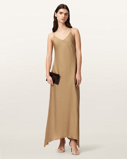 AllSaints Leona V Neck Maxi Slip Dress Women's Pinto Brown Women's