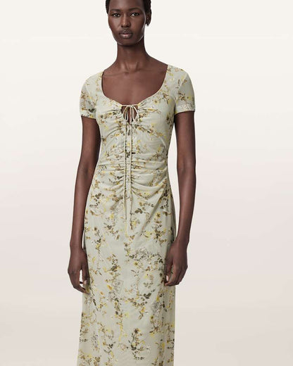 AllSaints Gabby Floral Print Mesh Maxi Dress Women's Carmel Stem Green Women's