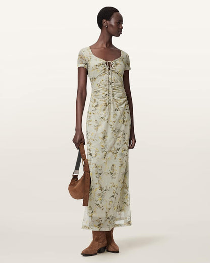 AllSaints Gabby Floral Print Mesh Maxi Dress Women's Carmel Stem Green Women's