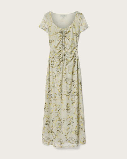 AllSaints Gabby Floral Print Mesh Maxi Dress Women's Carmel Stem Green Women's