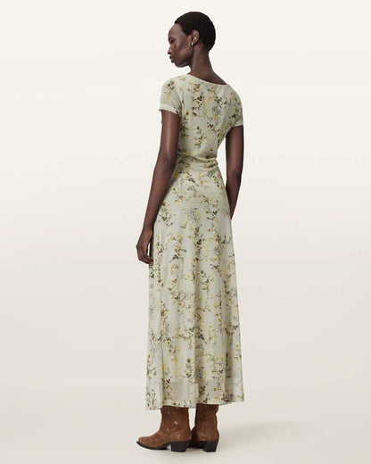 AllSaints Gabby Floral Print Mesh Maxi Dress Women's Carmel Stem Green Women's