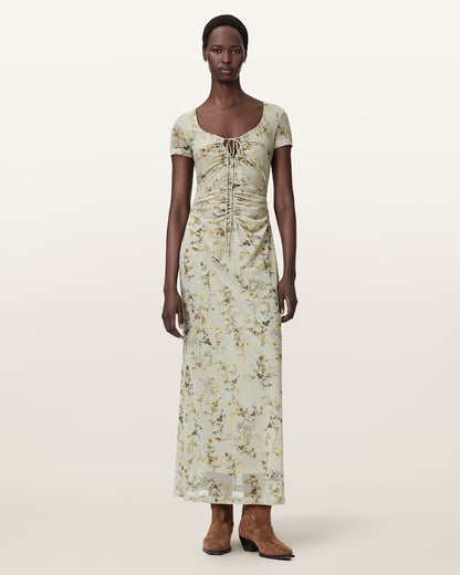 AllSaints Gabby Floral Print Mesh Maxi Dress Women's Carmel Stem Green Women's
