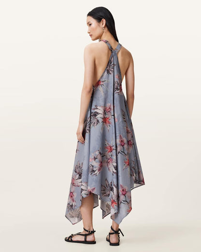 AllSaints Lil Asymmetric Floral Print Midi Dress Women's Adena Dusty Blue Women's