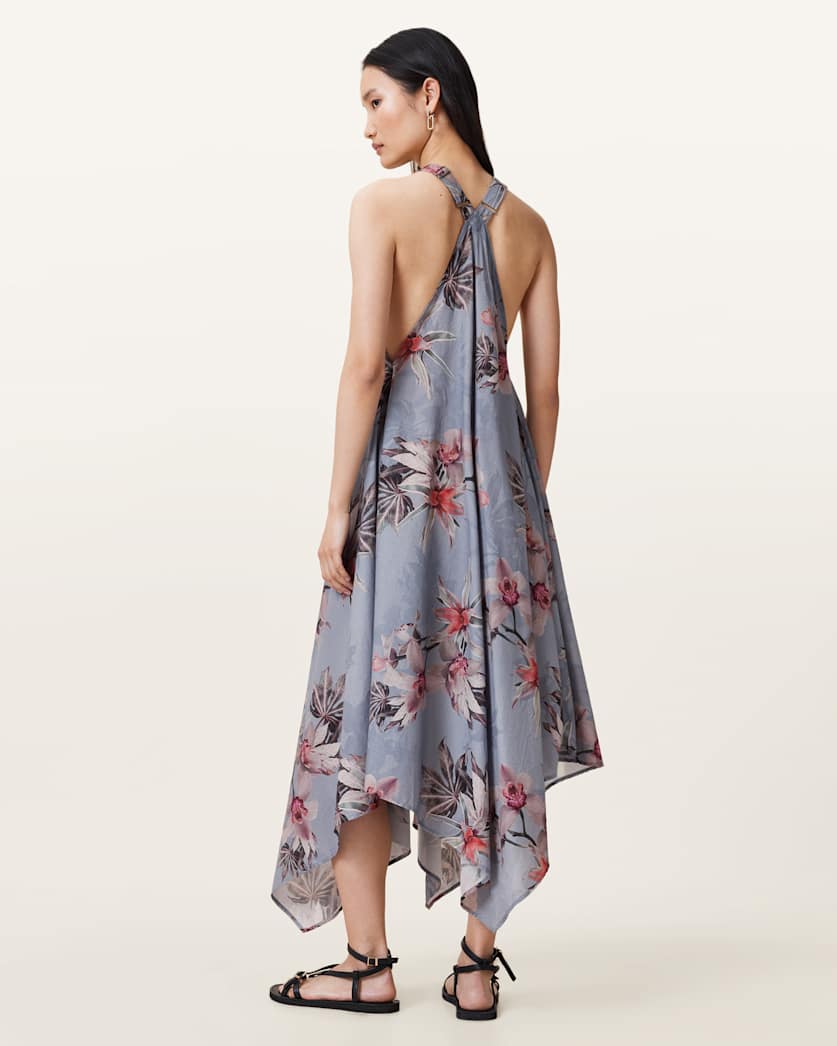 AllSaints Lil Asymmetric Floral Print Midi Dress Women's Adena Dusty Blue Women's