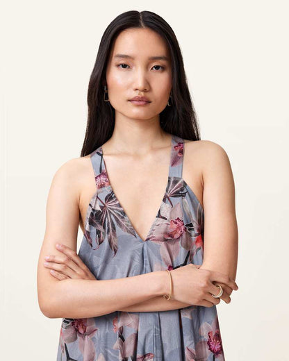 AllSaints Lil Asymmetric Floral Print Midi Dress Women's Adena Dusty Blue Women's