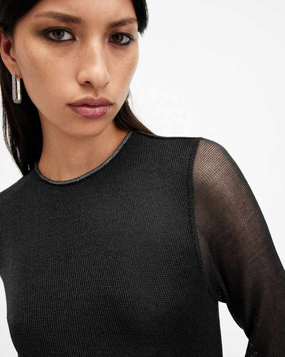 AllSaints Nora Ruched Sparkle Midi Dress Women's Black Shimmer Women's