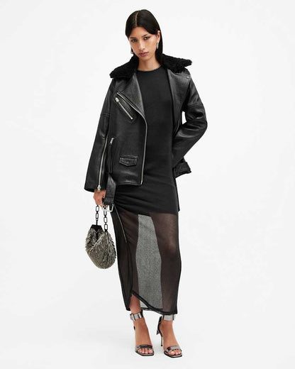 AllSaints Nora Ruched Sparkle Midi Dress Women's Black Shimmer Women's