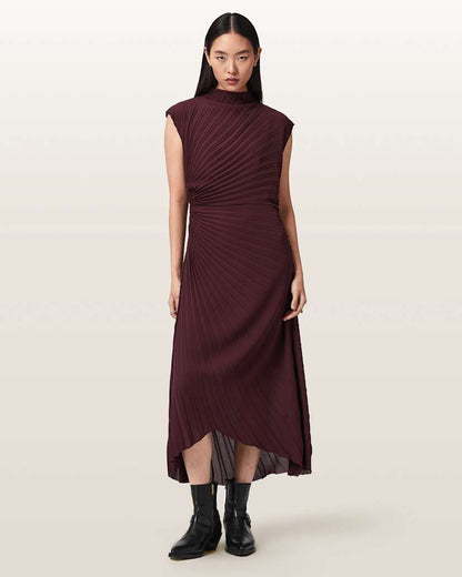 AllSaints Rayanna Pleated Midi Dress Women's Oxblood Red Women's