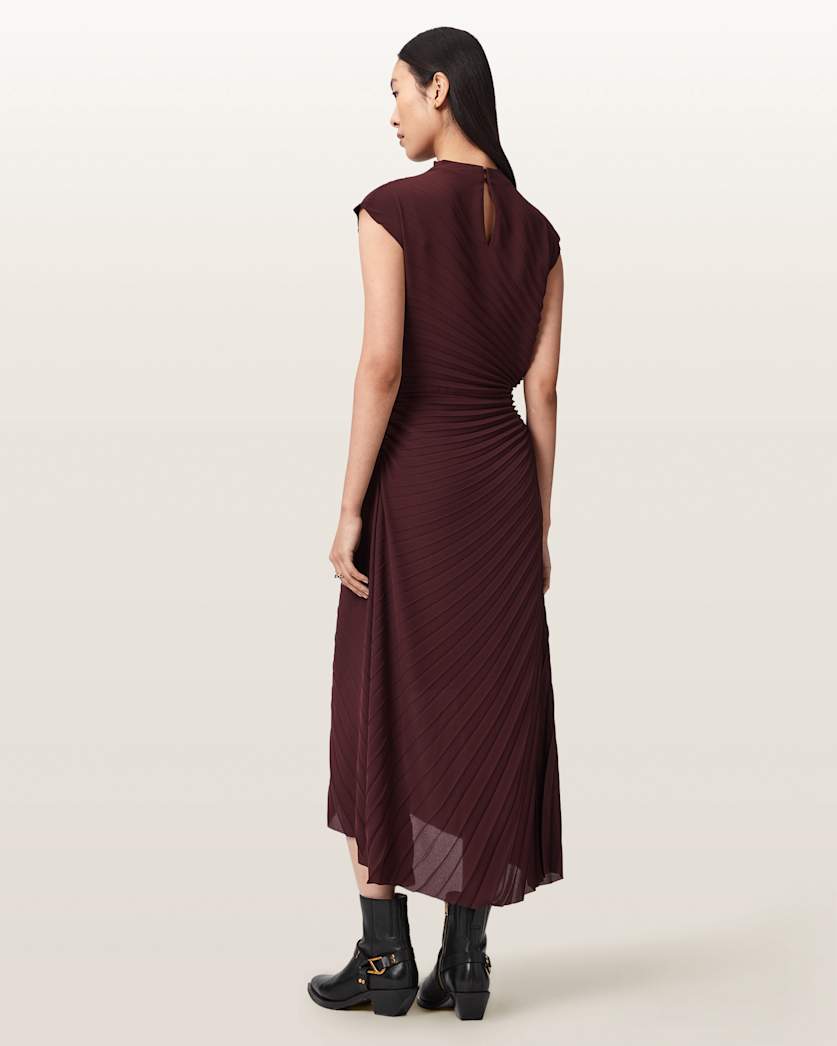 AllSaints Rayanna Pleated Midi Dress Women's Oxblood Red Women's