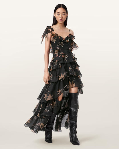 AllSaints Sienna Ruffle Maxi Dress Women's Petra Sepia Brown Women's