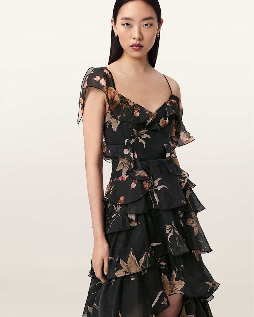 AllSaints Sienna Ruffle Maxi Dress Women's Petra Sepia Brown Women's