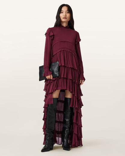 AllSaints Cavarly Tiered Ruffle Maxi Dress Women's Tawny Port Red Women's