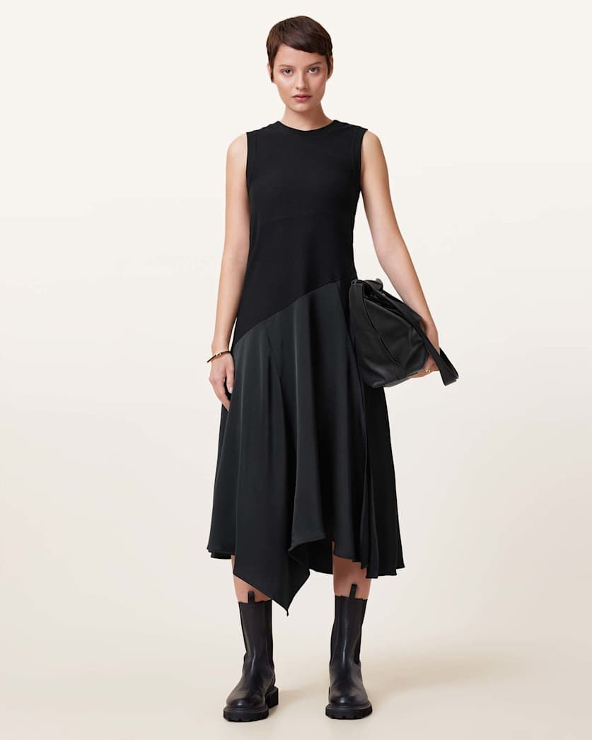 AllSaints Pia Asymmetric Satin Dress Women's Black Women's