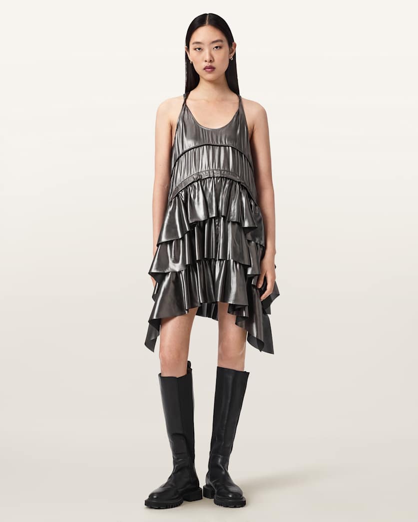 AllSaints Cavarly Metallic Mini Dress Women's Metallic Silver Women's