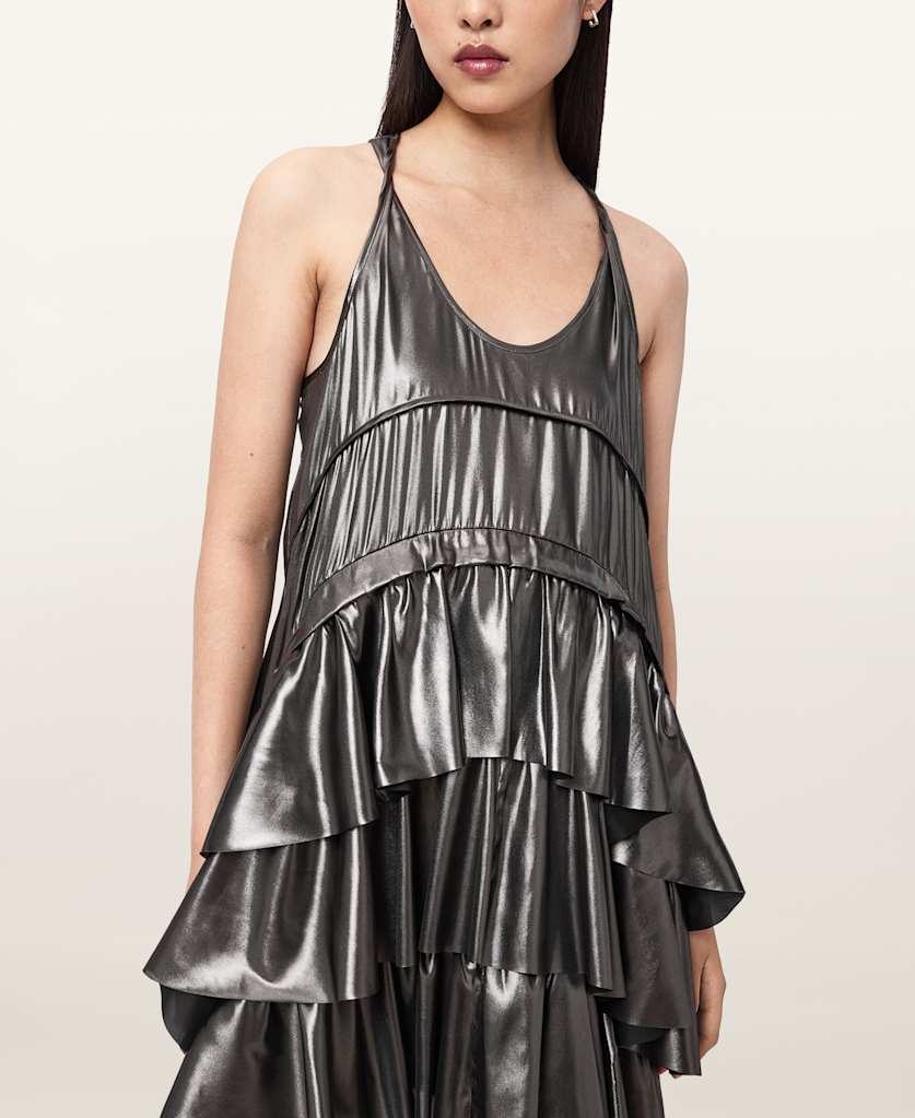 AllSaints Cavarly Metallic Mini Dress Women's Metallic Silver Women's