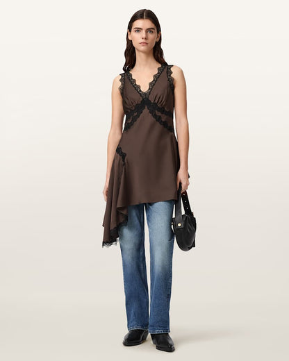 AllSaints Ilka Asymmetric Lace Mini Dress Women's Ecru White Women's