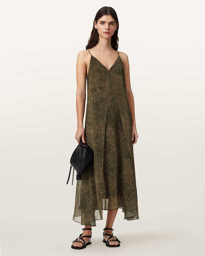AllSaints Vanda V Neck Midi Dress Women's Sirius Gold Black Women's