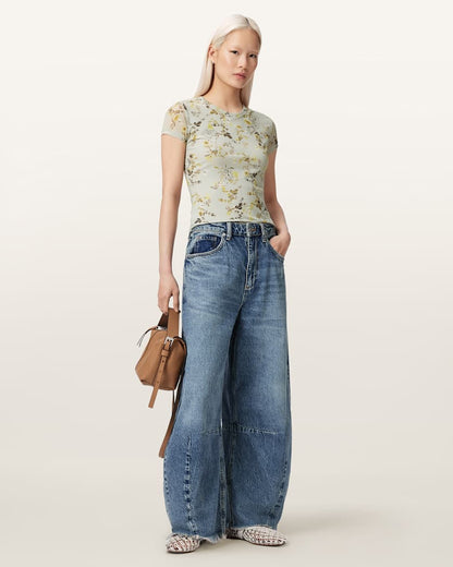 AllSaints Ellie Mesh Floral Print Slim T Shirt Women's Carmel Stem Green Women's