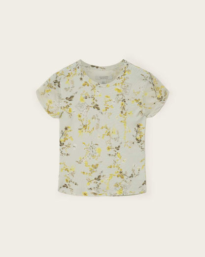 AllSaints Ellie Mesh Floral Print Slim T Shirt Women's Carmel Stem Green Women's