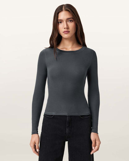 AllSaints Rina Long Sleeve Crew Neck T Shirt Women's Hazed Grey Women's
