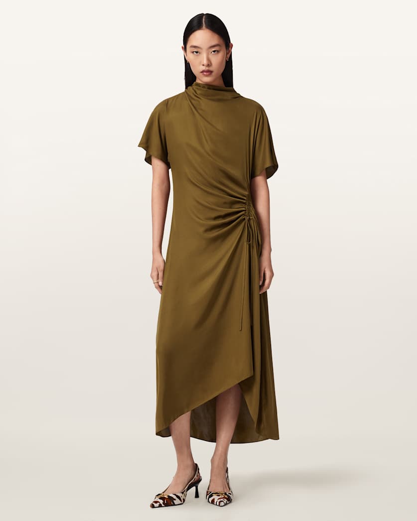 AllSaints Rosie Silk Blend Midi Dress Women's Khaki Green Women's