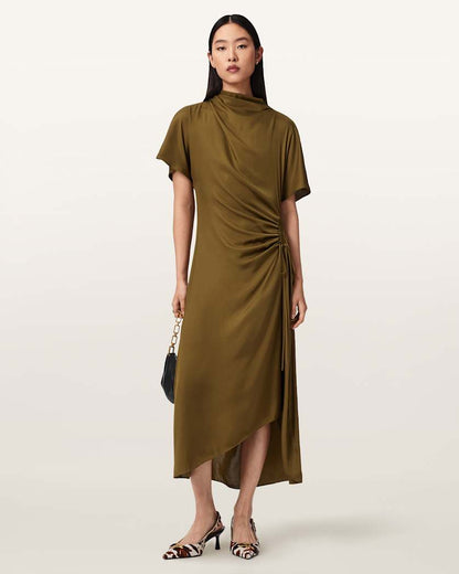 AllSaints Rosie Silk Blend Midi Dress Women's Khaki Green Women's